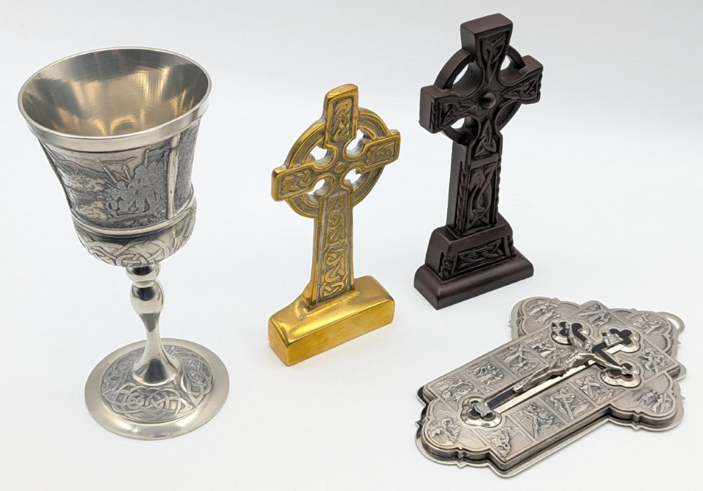 Brass and Wood Authentic Irish Crosses and Communion Cup: Brass and Wood Authentic Irish Crosses and Communion Cup.? Largest measures 7" tall.?