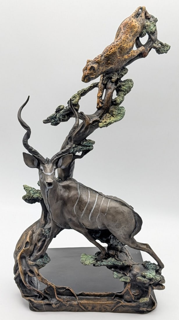 1997 Leopard and Greater Kudu Bronze Sculpture by Ron Herron (1 of 5)
