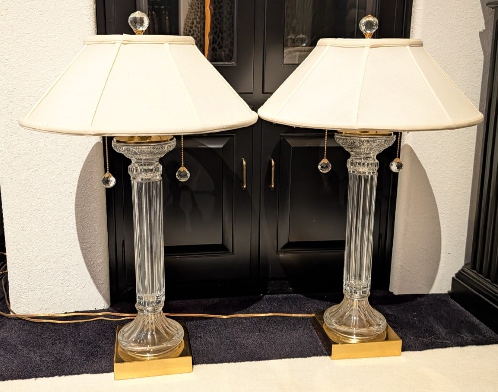Ornate Glass and Brass Table Lamp Set: Ornate Glass and Brass Table Lamp Set.? The set includes two fabric shades.? Dimensions 30" tall.? This is a high end set of lamps for the discerning interior decorator.? To us, this is even more beau