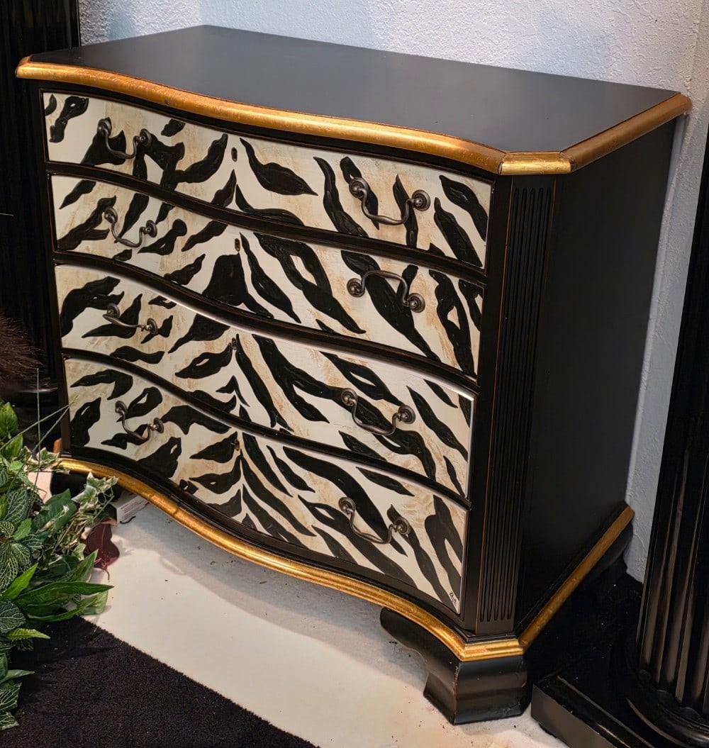 Jasper Original Zebra Print Black and Gold Chest of Drawers: Jasper Original Zebra Print Black and Gold Chest of Drawers.? Good solid construction in good shape.? Dove tail joints are present on the drawers.? 36" wide, 18" deep, 31" tall.?
