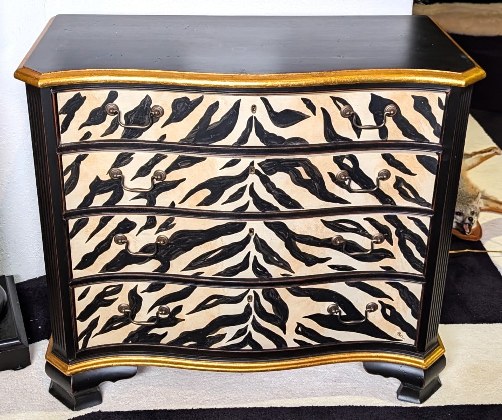 Jasper Original Zebra Print Black and Gold Chest of Drawers: Jasper Original Zebra Print Black and Gold Chest of Drawers.? Good solid construction in good shape.? Dove tail joints are present on the drawers. CONTENTS NOT INCLUDED. 36" wide, 18" deep, 31" tall.