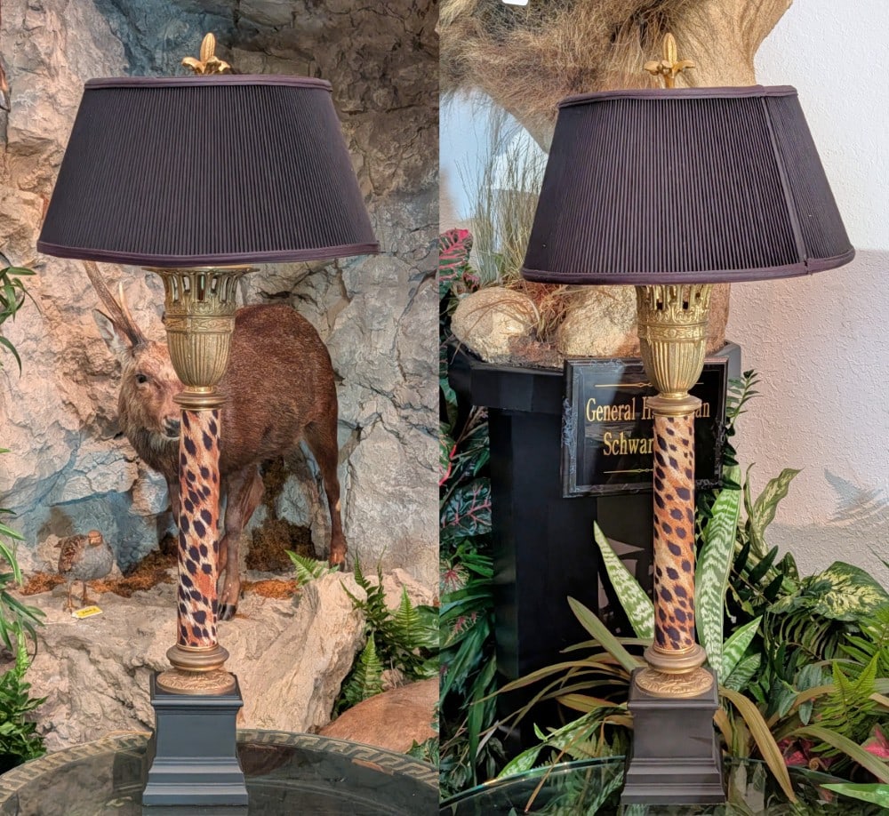 Pair of Brass and Cheeta Print Column Table Lamp: Pair of Brass and Cheeta Print Column Table Lamp.? Dimensions 37" tall.?
