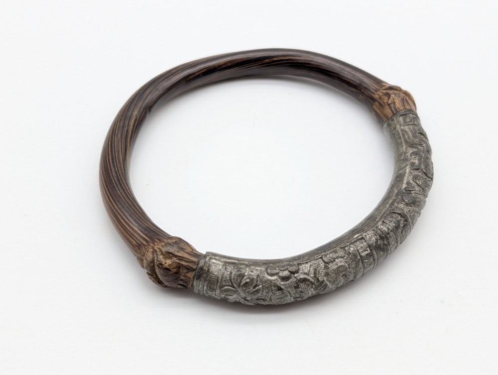 Antique Chinese Carved Bamboo Bangle Bracelet w/ Repousse-Decorated Silver Sleeve (1 of 4)