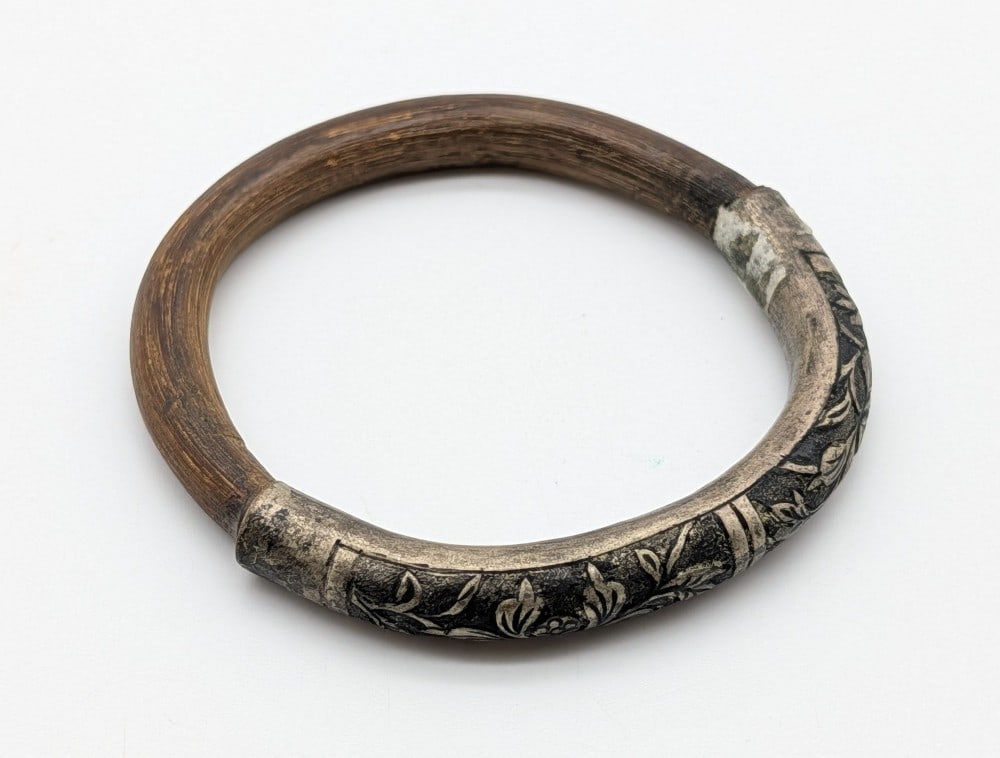 Antique Chinese Carved Bamboo Bangle Bracelet w/ Repousse-Decorated Silver Sleeve (1 of 3)