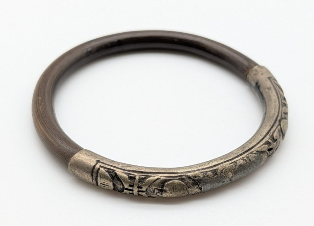 Antique Chinese Carved Bamboo Bangle Bracelet w/ Repousse-Decorated Silver Sleeve (1 of 3)
