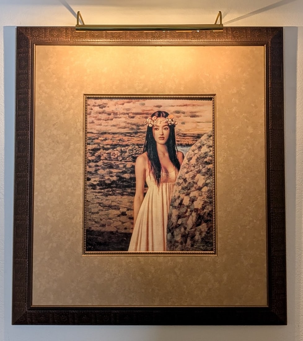 The Girl in the Dress by Xie Chuyu Framed Print: The Girl in the Dress by Xie Chuyu Framed Print. Piece is in nice condition and comes in a large scarves wood frame with a large velvet matte. Measures 41in wide x 45in tall.