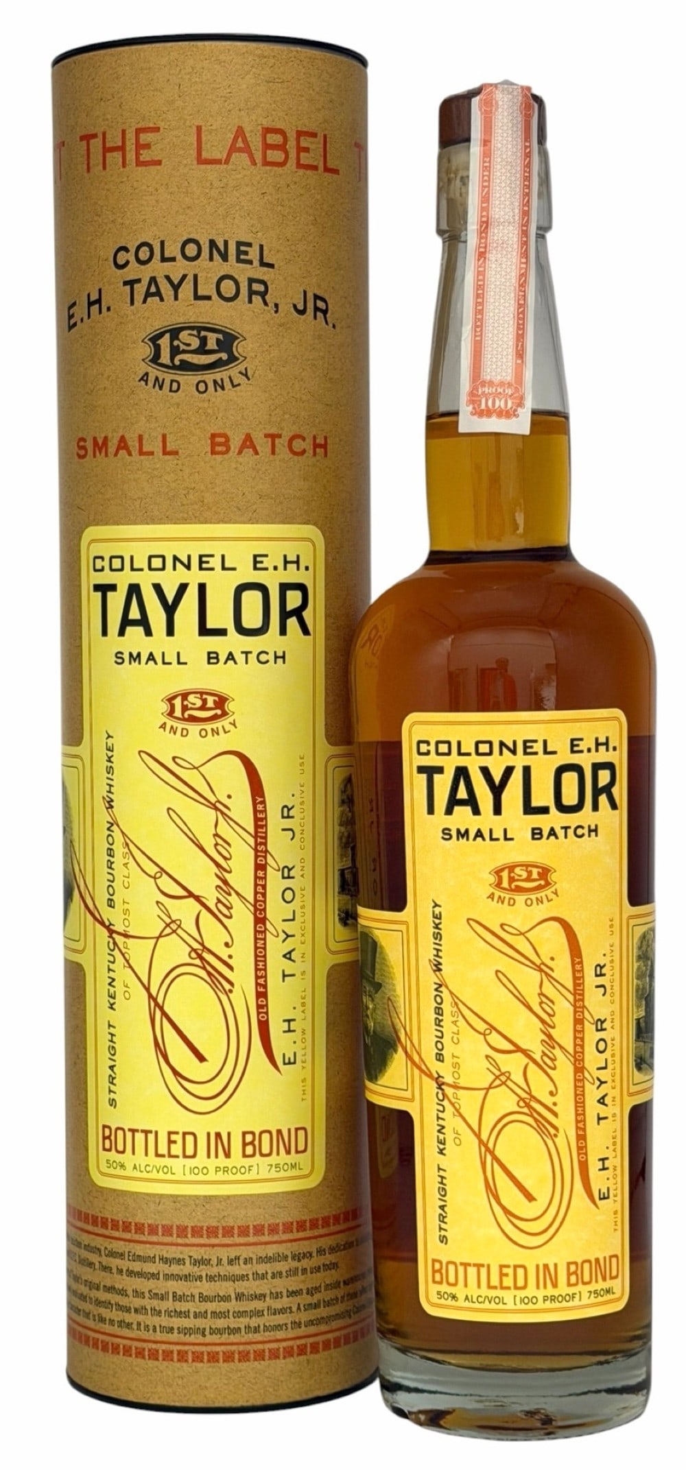 Colonel E.H. Taylor Jr Small Batch Straight Kentucky Bourbon Whiskey in Tube 100 Proof 750ML: Colonel E.H. Taylor Jr Small Batch Straight Kentucky Bourbon Whiskey in Tube 100 Proof 750ML. This very nice bottle of Colonel E.H. Taylor Jr Bourbon is completely factory sealed and is in pristine co