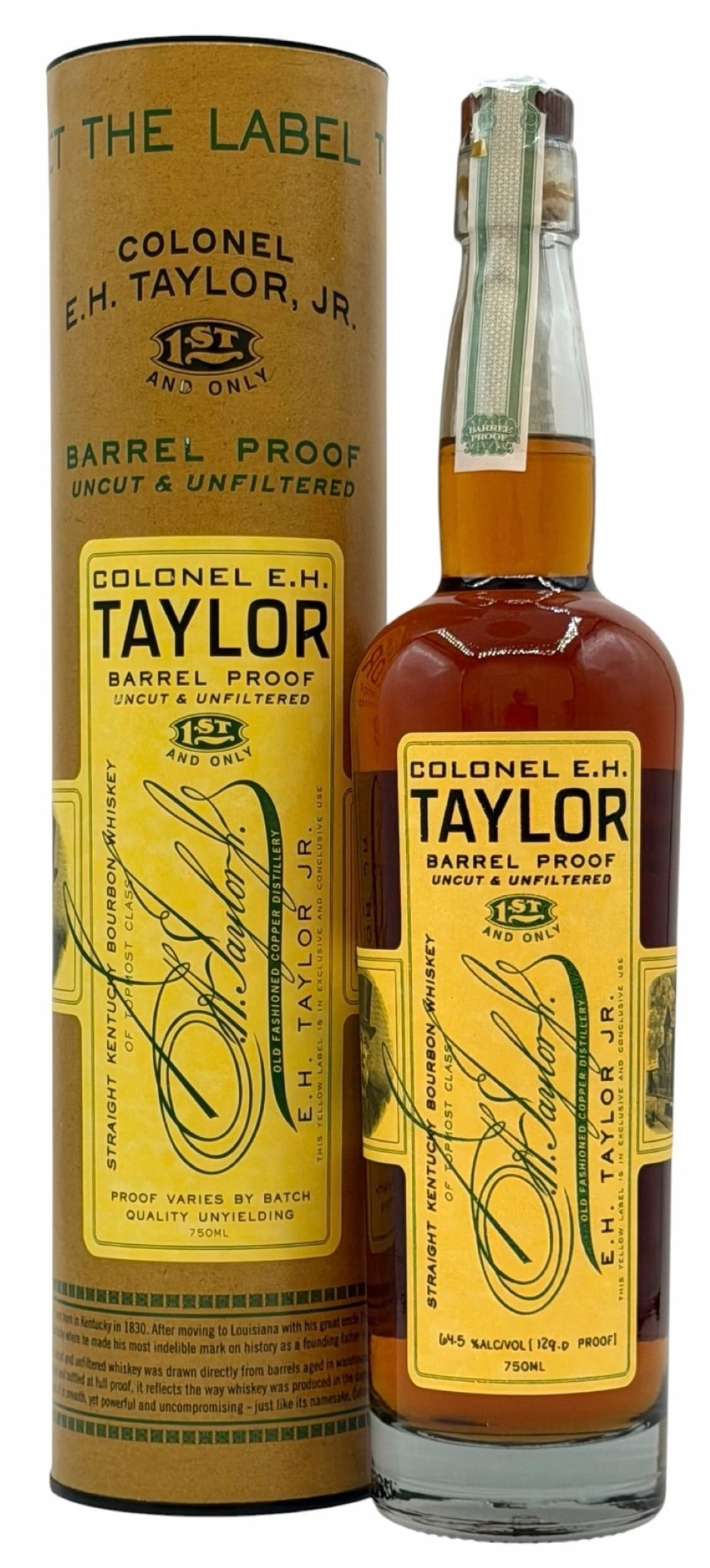 Colonel E.H. Taylor, Jr. Barrel Proof Uncut & Unfiltered Kentucky Bourbon Whiskey 127.4 Proof 750ML: Colonel E.H. Taylor, Jr. Barrel Proof Uncut & Unfiltered Kentucky Bourbon Whiskey 127.4 Proof 750ML. This bottle is factory sealed and in great condition. It is a 750ml bottle and is marked 1st And On