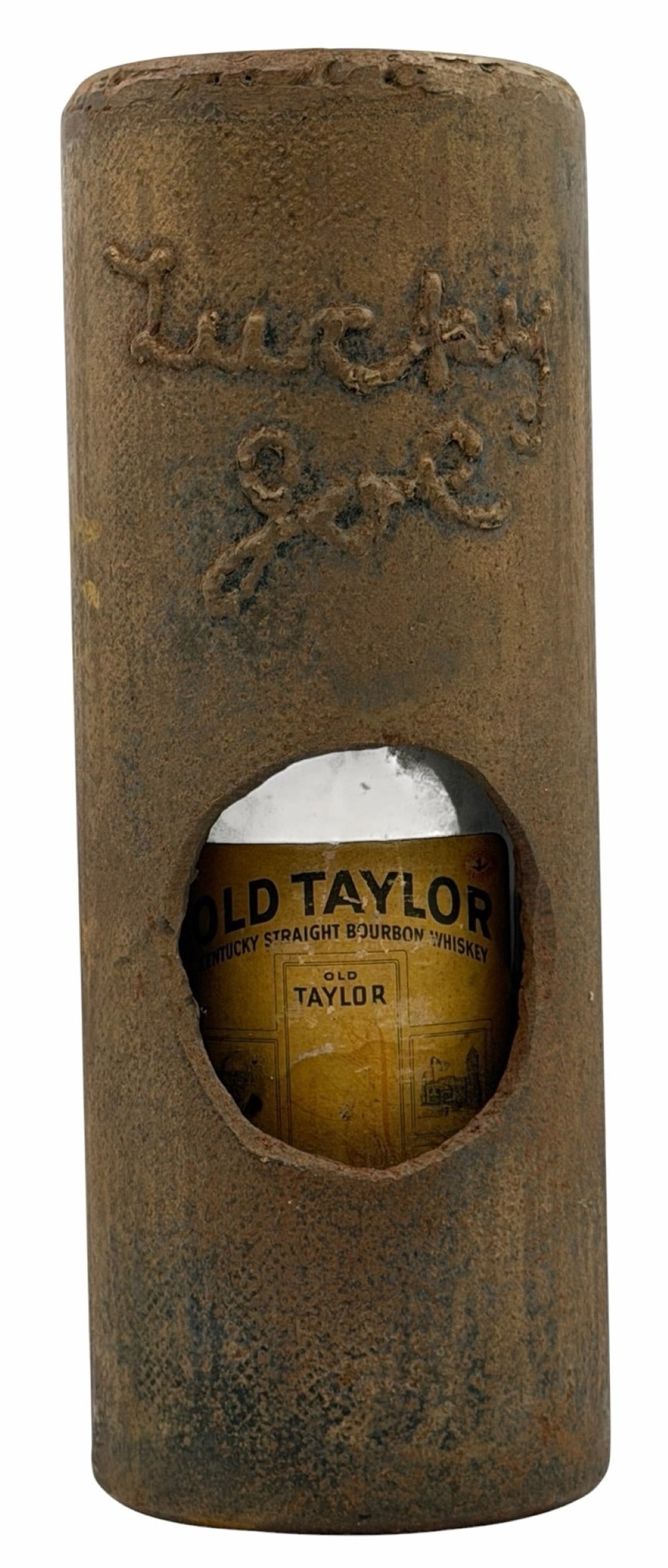 Old Taylor Kentucky Straight Bourbon Whiskey Bottled In Bond 100 Proof: Old Taylor Kentucky Straight Bourbon Whiskey Bottled In Bond 100 Proof. This opened bottle of Old Taylor Bourbon is placed in a cast iron cylindrical casing that is marked Lucky Joe. The bottle appear