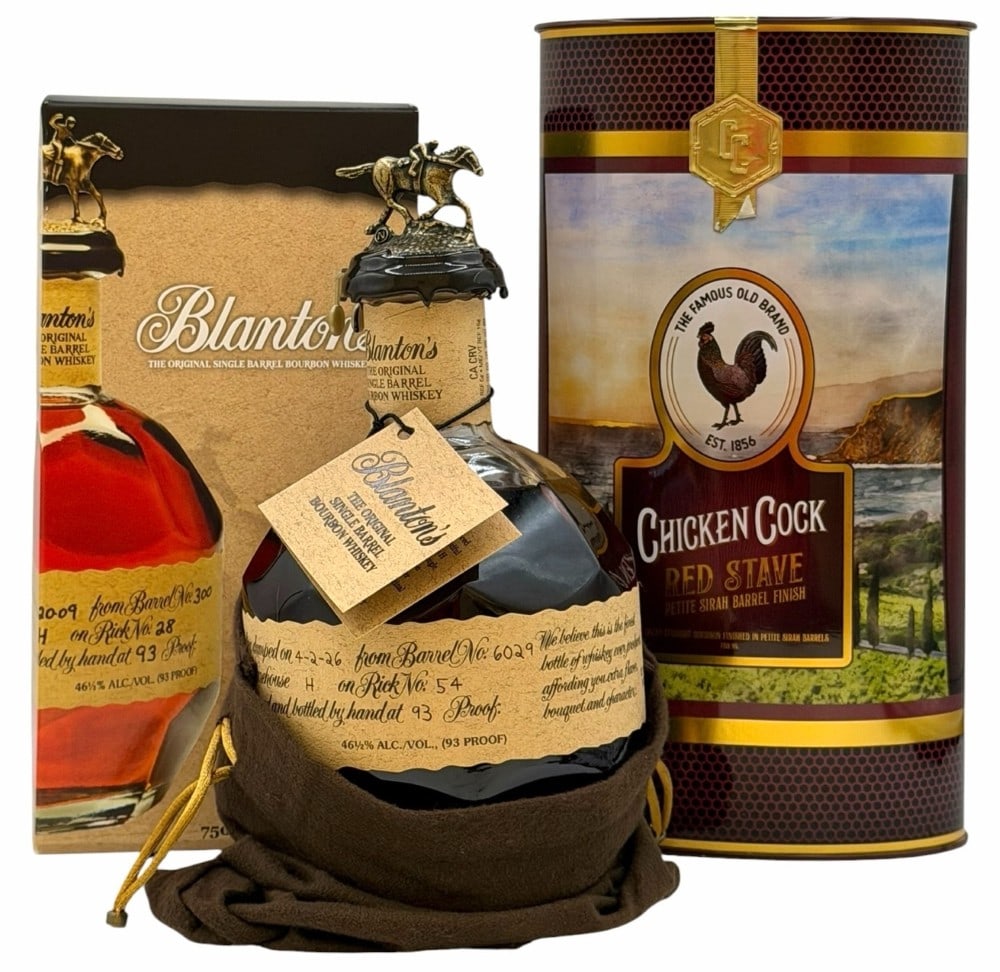 2026 Blanton's Original Single Barrel Bourbon Whiskey Collection & Chicken Cock Red Stave Bourbon: 2026 Blanton's Original Single Barrel Bourbon Whiskey Collection & Chicken Cock Red Stave Bourbon. The unopened, factory sealed Blanton's Bourbon comes in a bag and the original box. The bottle appear