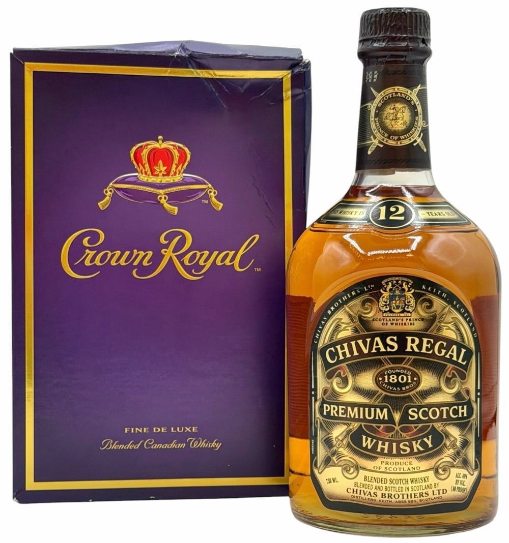 Chivas Regal 12 Year Old Premium Scotch Whiskey & Crown Royal Fine De Luxe Canadian Whiskey: Chivas Regal 12 Year Old Premium Scotch Whiskey & Crown Royal Fine De Luxe Canadian Whiskey. Both bottles are still factory sealed and in good condition. The Crown Royal bottle is still sealed in the 