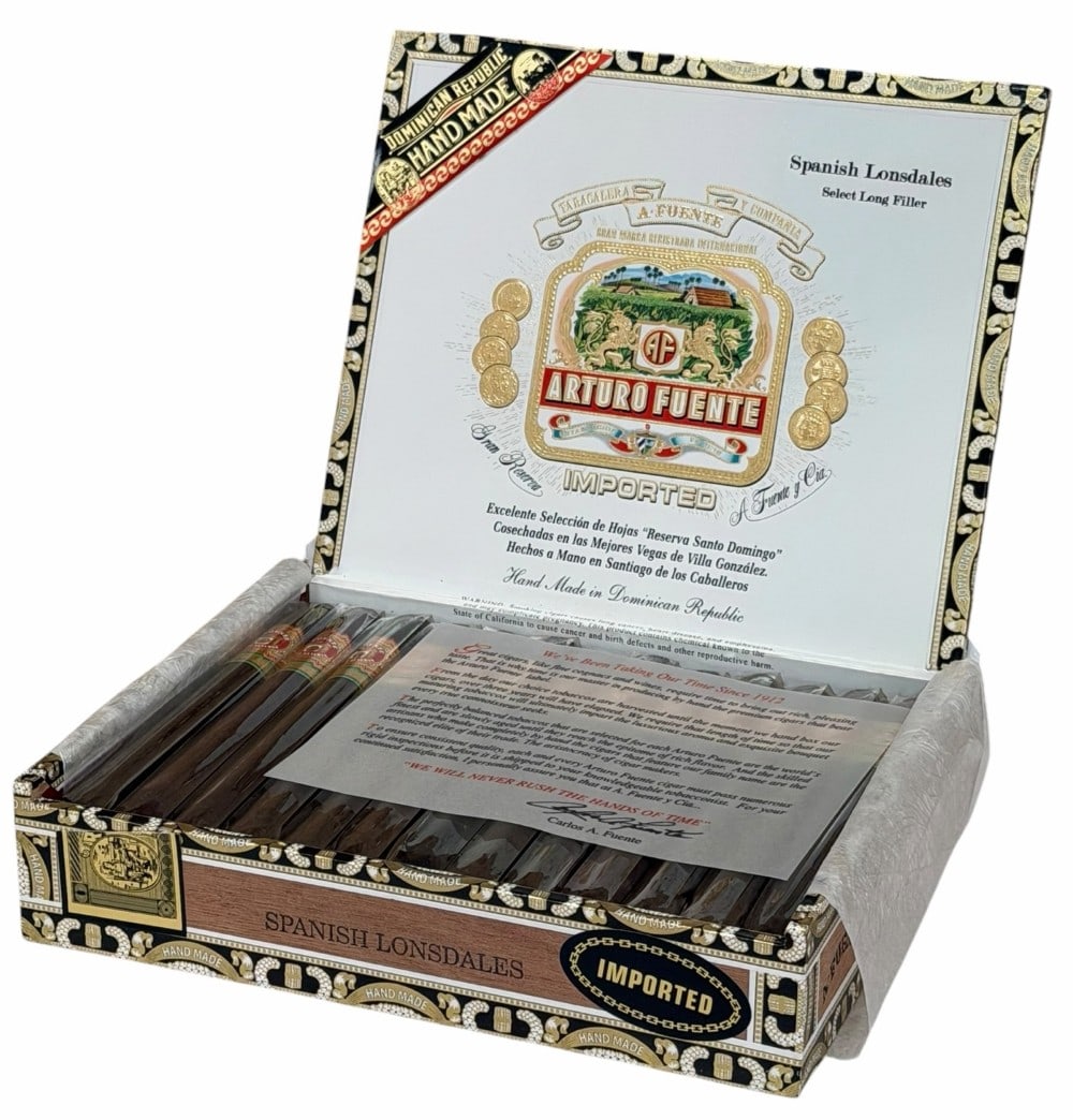 Arturo Fuente Gran Reserva Spanish Lonsdale Maduro Cigars in Box: Arturo Fuente Gran Reserva Spanish Lonsdale Maduro Cigars in Box. This includes 25 cigars. They deliver bold character wrapped in coveted Broadleaf Connecticut Maduro leaves and showcases vintage Domi