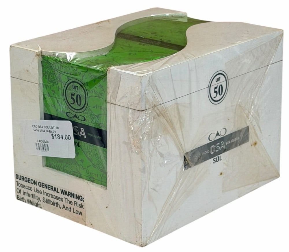 CAO OSA Sol Lot 50 Cigars, Sealed in Box: CAO OSA Sol Lot 50 Cigars, Sealed in Box. ?Osa Sol? is literally translated ?Sun Bear,? aptly named in reference to the gorgeous one-of-a-kind sungrown wrapper leaf used on this fine cigar, grown in t