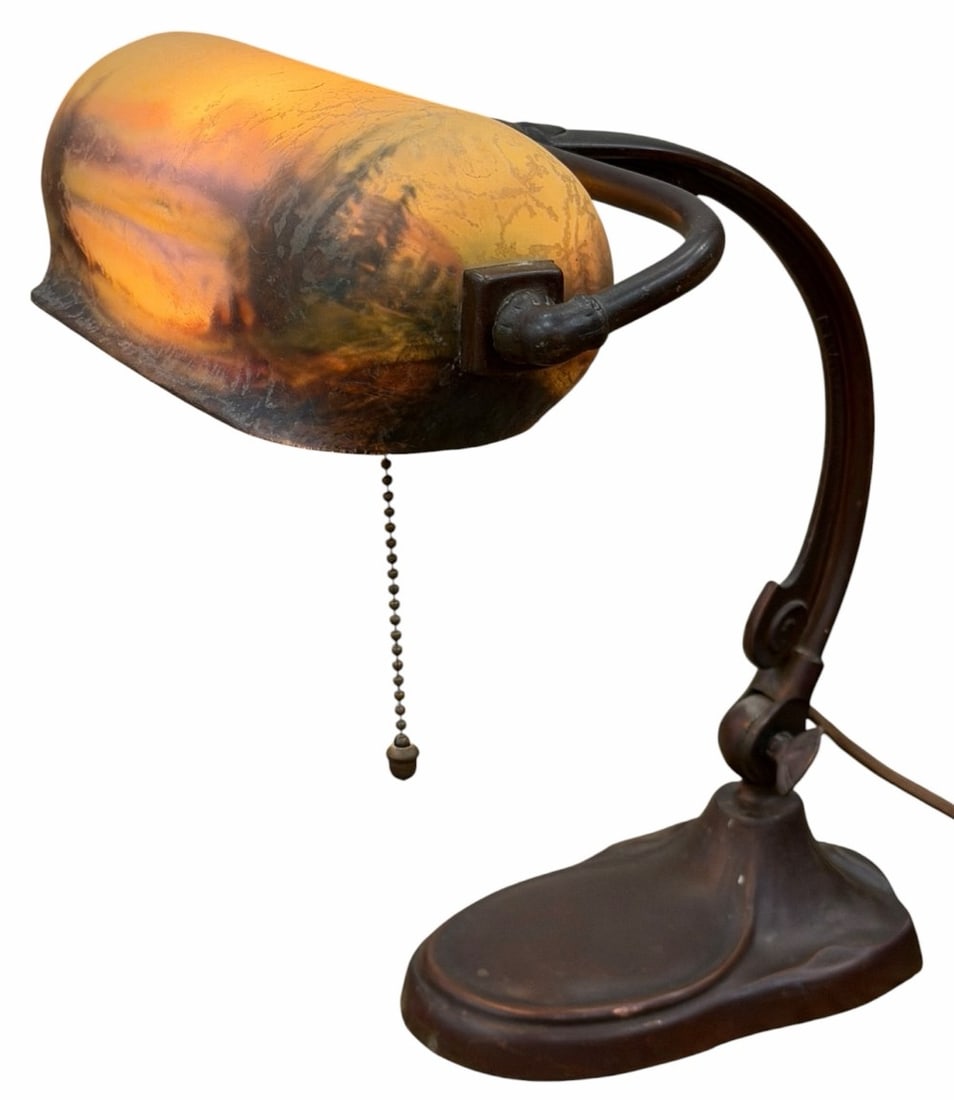 Handel Reverse Painted Glass and Patinated Metal Mountain Landscape Desk Lamp (1 of 8)