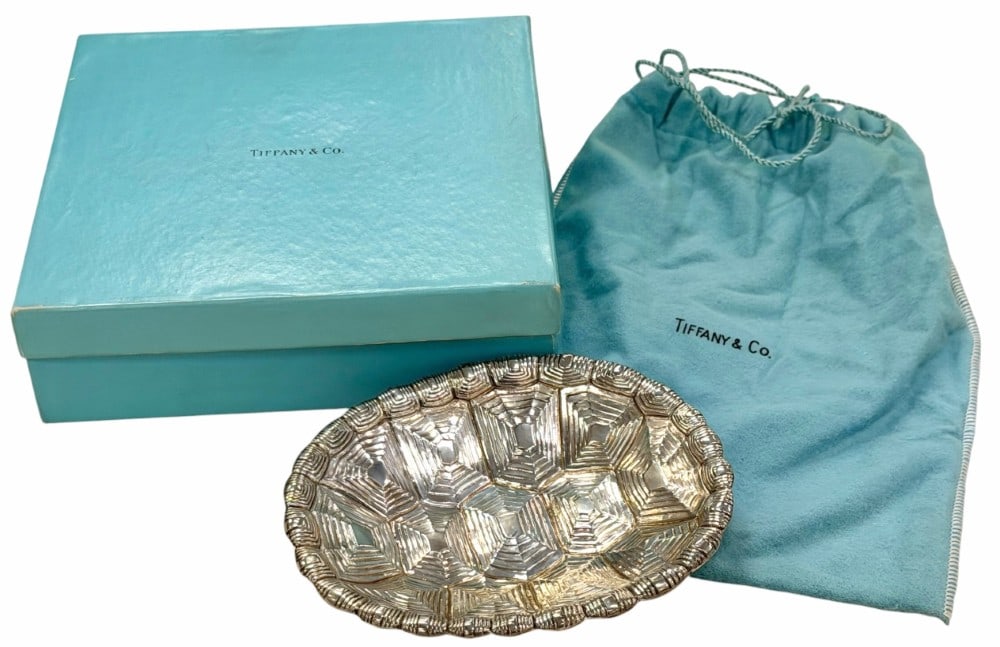 Tiffany & Co. Sterling Silver Tortoiseshell Dish with Box: Tiffany & Co. Sterling Silver Tortoiseshell Dish. This unique dish is made in the form of a Tortoiseshell and is stamped from a piece of solid Sterling Silver. The bottom is marked Tiffany & Co Makers
