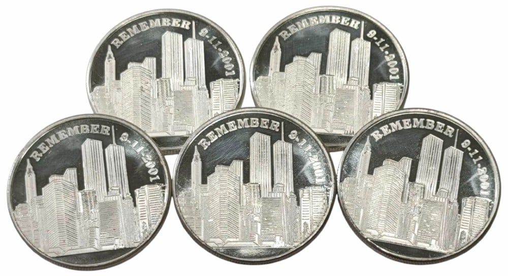 (5) One Ounce .999 Fine Silver Remember 9-11-2001 Commemorative Rounds (1 of 2)