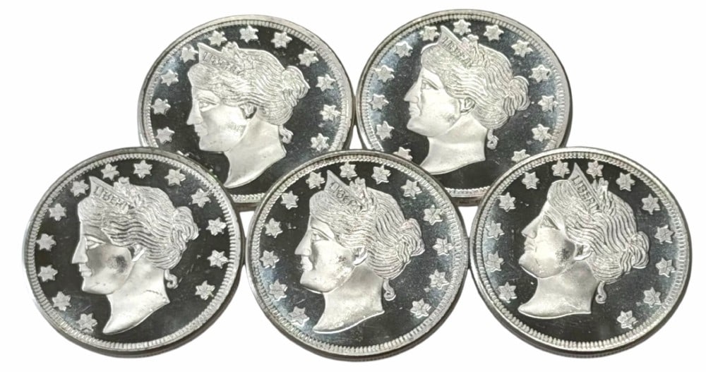(5) Liberty Head One Troy Ounce .999 Fine Silver Rounds Brilliant Uncirculated (1 of 2)