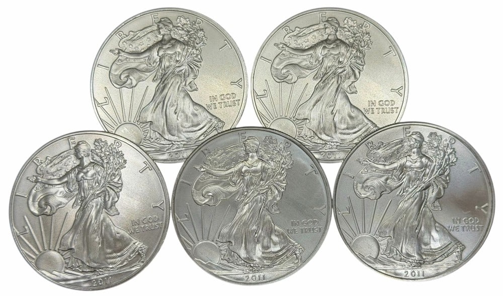 (5) 2011 United States Silver American Eagle One Ounce .999 Fine Silver Dollars, Uncirculated (1 of 2)