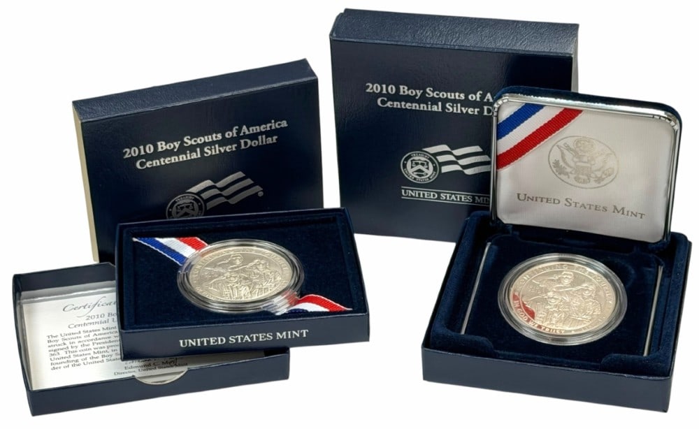 U.S. Mint 2010 Boy Scouts of America Centennial Silver Dollar and Silver Dollar Proof Coins: U.S. Mint 2010 Boy Scouts of America Centennial Silver Dollar and Silver Dollar Proof Coins. ?The coins are in new condition in the original box with paperwork. Each dollar is 90% silver and contains 
