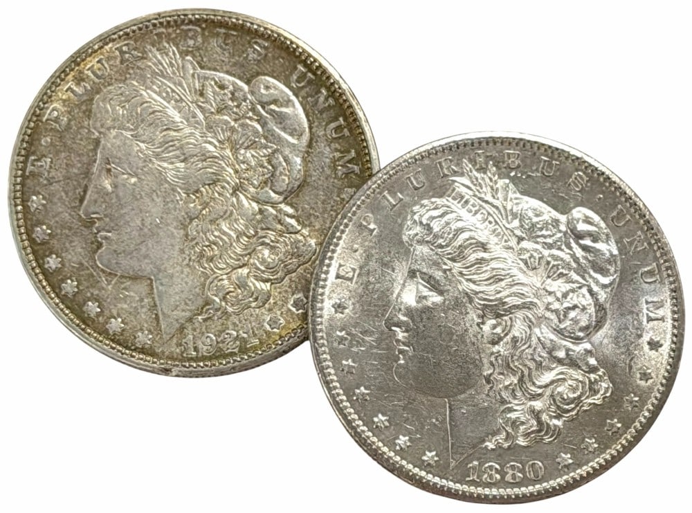 1880-S & 1921-D United States Morgan Silver Dollars: 1880-S & 1921-D United States Morgan Silver Dollars, dollars are in circulated condition