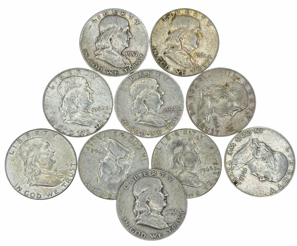 $5.00 Face Value of Mixed Date 90% Silver Franklin Half Dollars: $5.00 Face Value of Mixed Date 90% Silver Franklin Half Dollars. 10 coins with mixed conditions, dates, and mint marks