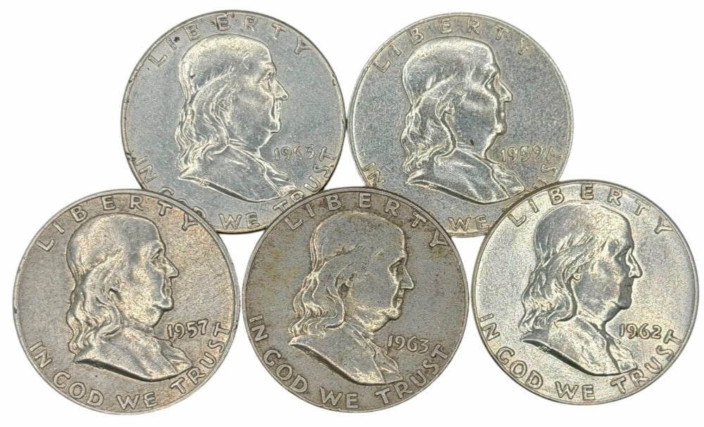 $2.50 Face Value of Mixed Date 90% Silver Franklin Half Dollars (1 of 3)