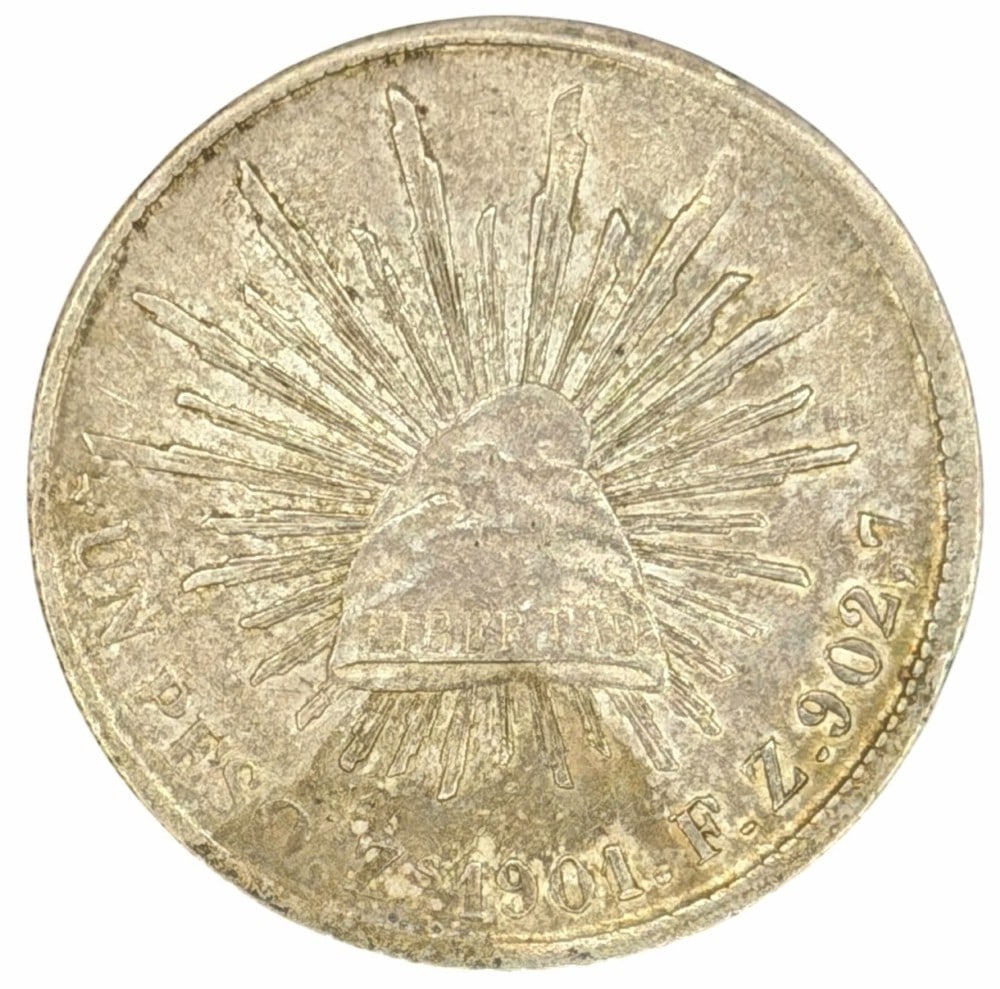 1901 Mexico 1 Peso "Cap & Rays" Liberated Silver Coin: 1901 Mexico 1 Peso "Cap & Rays" Liberated Silver Coin, this coin is 90.27% Silver, 27.073 Grams.? Actual silver weight 24.44 Grams