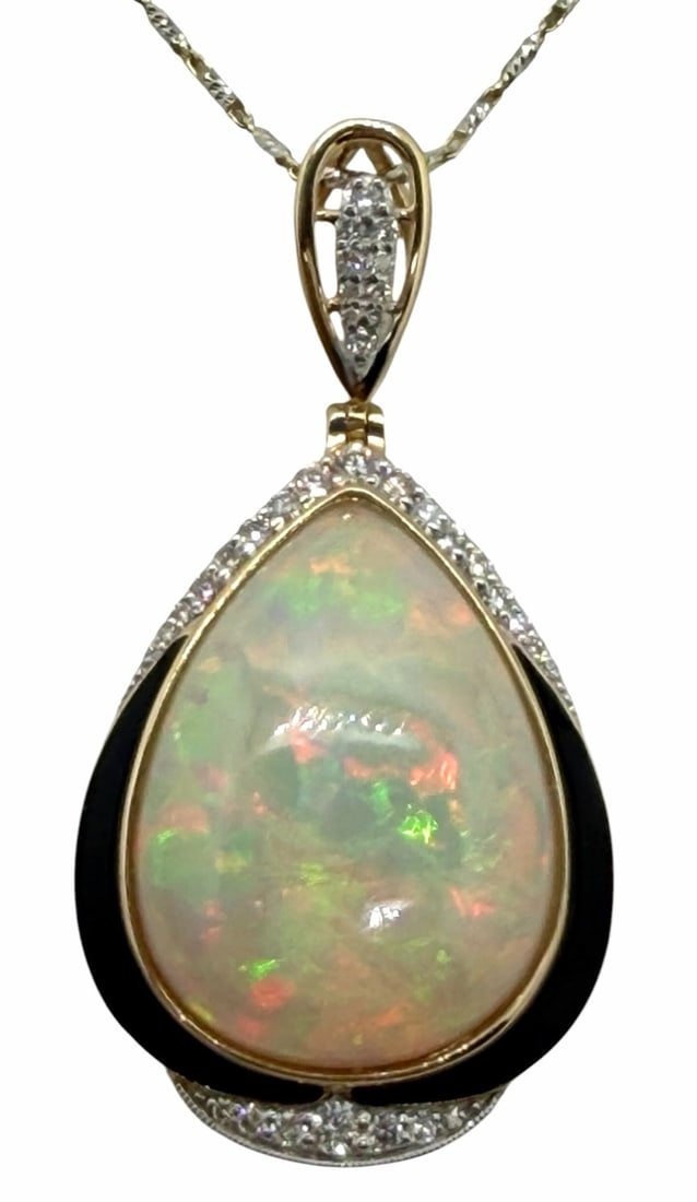 14K Two Tone Gold 17.21ctw Natural Opal and Diamond Pendant With Chain (1 of 8)