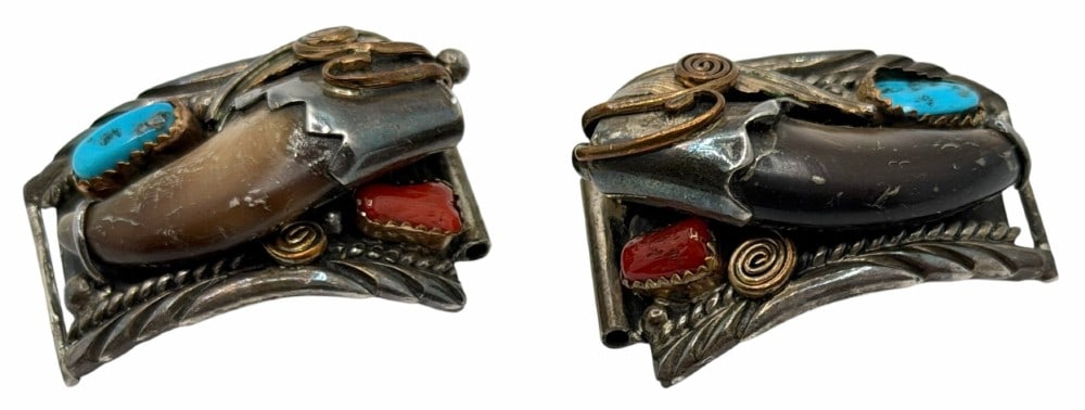Signed J. Lee Sterling Silver Native American Turquoise and Coral Watch Band Tips: Signed J. Lee Sterling Silver Native American Turquoise and Coral Watch Band Tips. This set of two watch band tips are both engraved with J. LEE and STERLING. They feature bear claws with a turquoise 