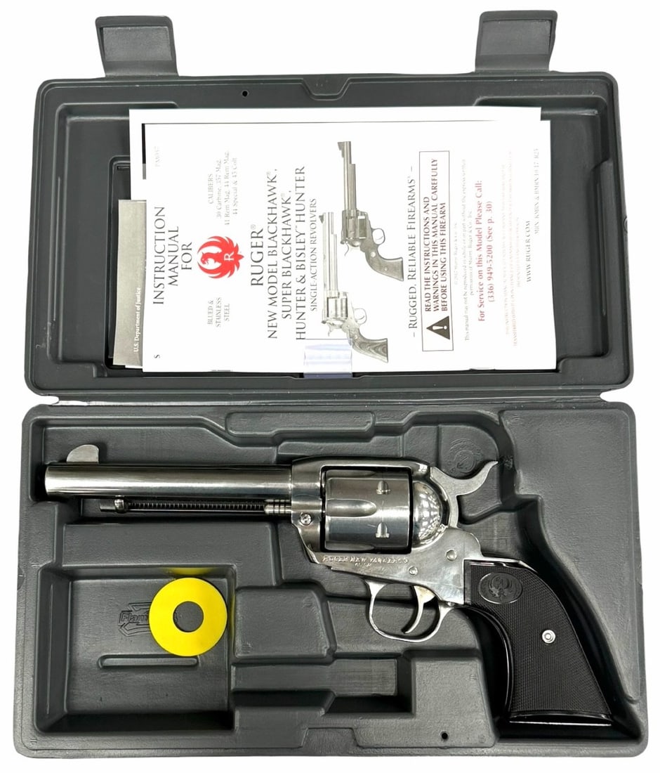 Ruger New Vaquero .45 Caliber Stainless Revolver in Case: Ruger New Vaquero .45 Caliber Stainless Revolver in Case.? The Ruger New Vaquero .45 caliber is in very nice used condition.? Barrel measures 5.5 inches in length.? Bore is very clean.? The high gloss