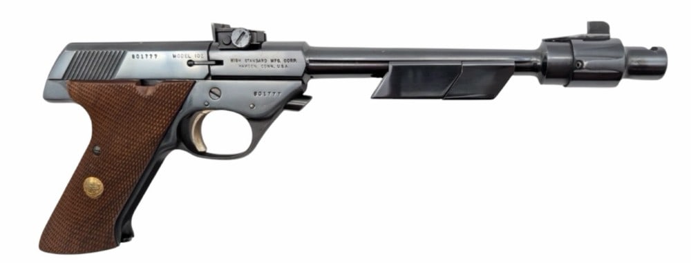 Hi-Standard Model 102 Supermatic Trophy Target .22 LR Semi Auto Pistol: Hi-Standard Model 102 Supermatic Trophy Target .22 LR Semi Auto Pistol.? The vintage Hi-Standard Supermatic Trophy is in very nice used condition.? Barrel measures 8 inches in length.? Blueing is stro