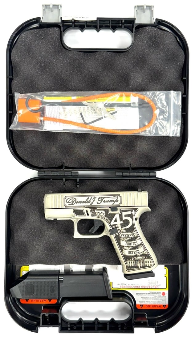 NIB Donald J. Trump Engraved Glock 43X 9mm Semi Auto Pistol: NIB Donald J. Trump Engraved Glock 43X 9mm Semi Auto Pistol.? This Donald Trump NIB Glock Pistol is amazing and a must to own.? Barrel measures 3 1/4 inches in length.? Features engraving states prese