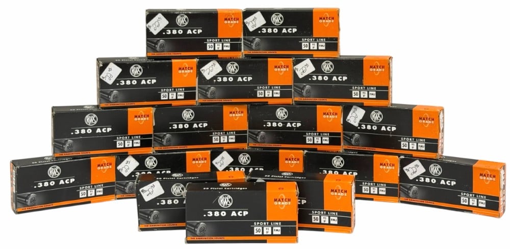 850 Rounds of RWS Match Grade .380 ACP 95gr FMJ Ammunition: 850 Rounds of RWS Match Grade .380 ACP 95gr FMJ Ammunition. This lot is for (17) 50 round boxes (850 rounds) of RWS premium sport line 95-grain FMJ ammunition in .380 ACP. While often utilized for gen