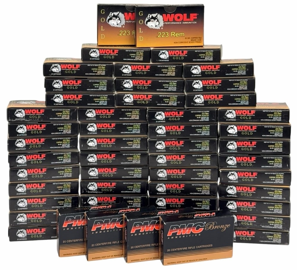 1060 Rounds Wolf and PMC .223 Ammunition: 1060 Rounds Wolf and PMC .223 Ammunition. This lot is for 980 rounds of Wolf gold .223 Rem Copper Jacket 55gr. FMJ and 80 rounds of PMC Bronze .223 Rem 55gr. FMJ-BT.