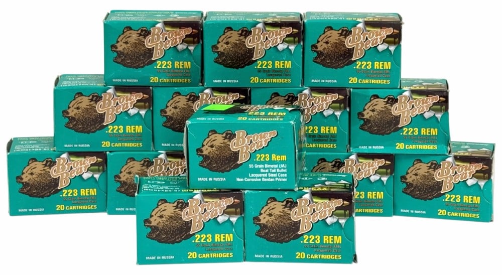 300 Rounds of Brown Bear .223 Remington Ammunition: 300 Rounds of Brown Bear .223 Remington Ammunition. This lot is for 15 boxes of 20 count .223 55 Grain FMJ Brown Bear Ammo.