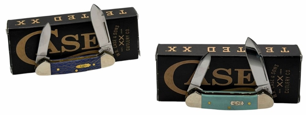 2025 Case XX Seafoam Green G-10 18107 & Blue Sycamore Wood 63733 Baby Butterbean knives w/Boxes: 2025 Case XX Seafoam Green G-10 Smooth Baby Butterbean 18107 (102132 SS) Knife and 2025 Case XX Blue Sycamore Wood Smooth Baby Butterbean 63733 (72132 SS) Knife with Boxes.? Both knives are in like ne
