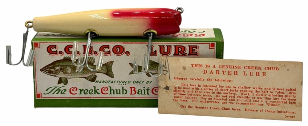 Creek Chub Darter No. 2002 White Blended Red Head Wooden Fishing Lure w/Original Box and Hang Tag (1 of 9)