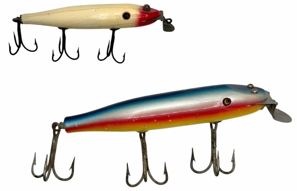 Creek Chub Striper Pikie No. 6908 Rainbow and No. 702 Pikie White Blended Head Wooden Lures (1 of 12)