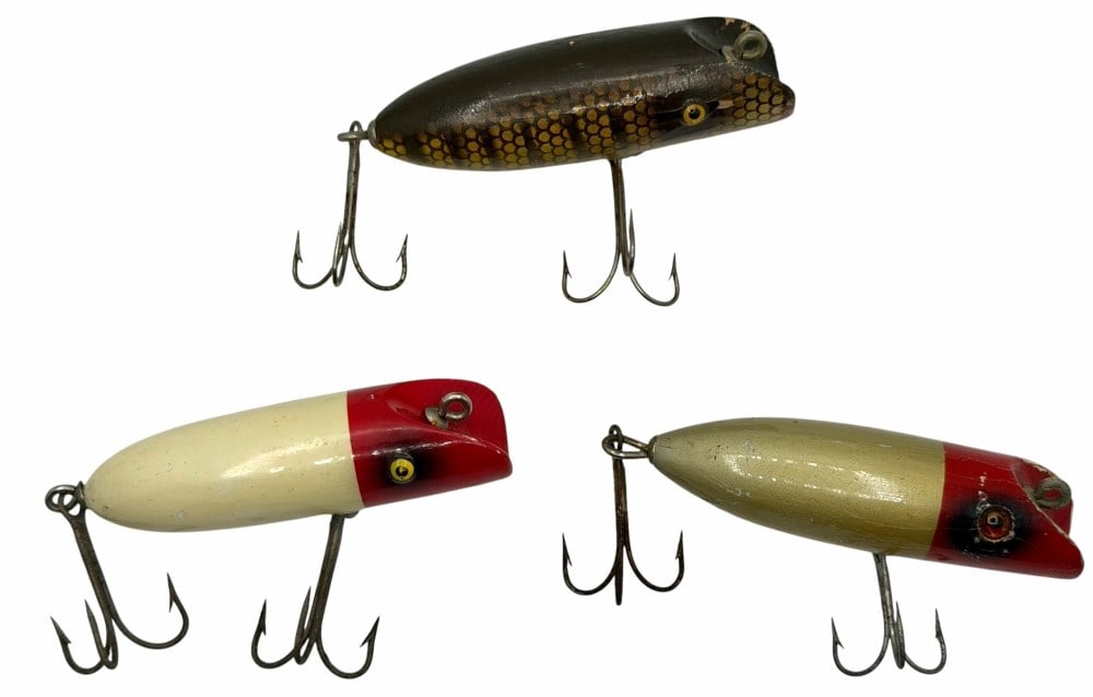 South Bend Baby Bass-Oreno White/Red Head, Scale Pattern, and Silver/Red Head Wooden Lures (1 of 10)