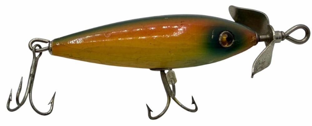 South Bend Best-O-Luck Rainbow Weighted Glass Eye Wooden Lure: South Bend Best-O-Luck Rainbow Weighted Glass Eye Wooden Lure, measures approximately 3in long