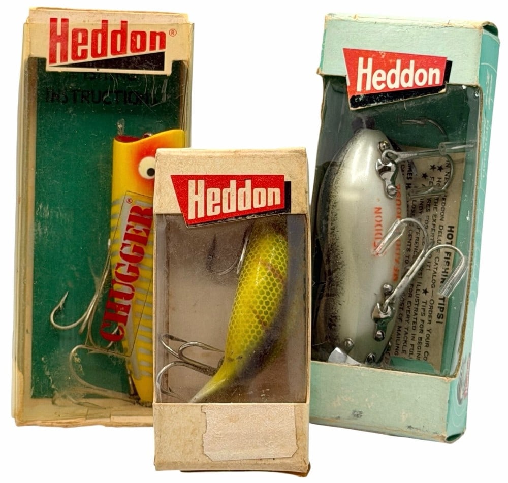 Heddon Meadow Mouse No. 9800GM, Tadpolly No. 9000L Perch, and Chugger No. 9540XRY Yellow Shore Lures (1 of 7)