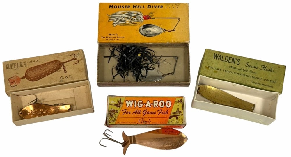 Reflex Drag Lure, Houser Hell Diver Lure, Walden's Spoon Hooks, And Wig-A-Roo Lure w/ Boxes (1 of 7)