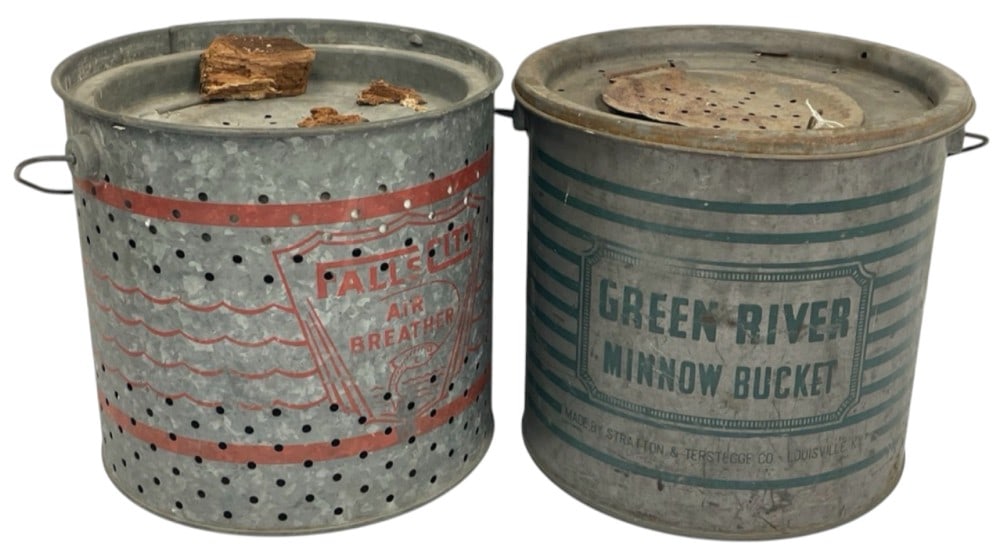 Falls City Air Breather Minnow Bucket and Green-River Minnow Bucket: Falls City Air Breather Minnow Bucket And Green-River Minnow Bucket. Included are two galvanized metal minnow buckets. The first is a Falls City Air Breather Minnow Bucket And Green-River Minnow Bucke