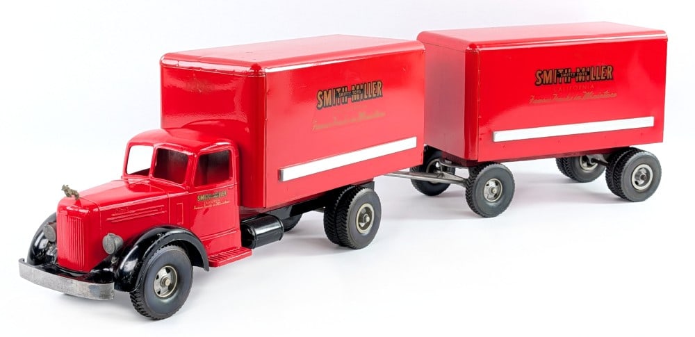Smith Miller L Mack Delivery Van & Trailer: Smith Miller L Mack delivery van truck with trailer. All original truck showing good paint and decals. It has some surface scratches and minor paint loss, but overall very good condition. Measures