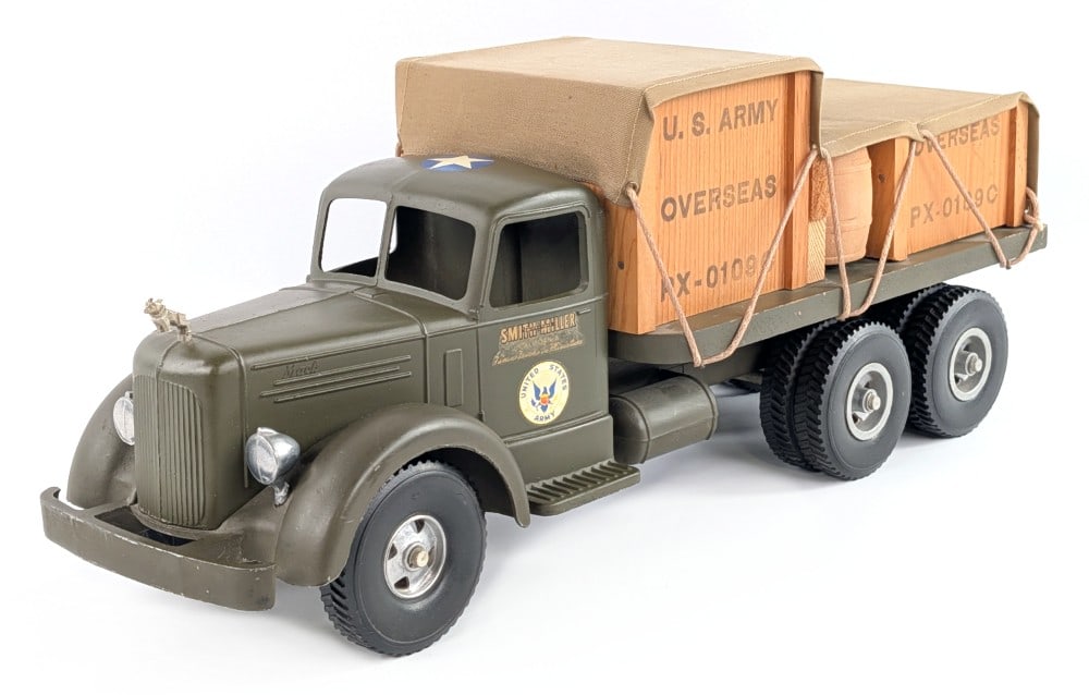Smith Miller L Mack U.S. Army Material Supply Truck: Smith Miller L Mack U.S. Army material supply transport truck. Excellent original example with complete U.S. Army load. Measures approximately 20" long.