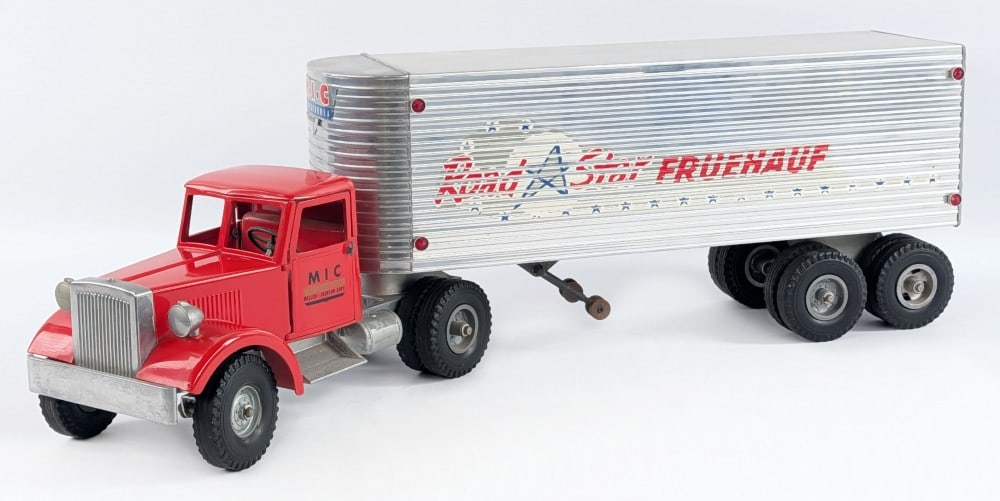 Smith Miller MIC Road Star Fruehauf Truck and Trailer: Smith Miller MIC truck with Road Star Fruehauf trailer. The truck has been restored at sometime and the trailer appears original. The trailer has some decal loss and light wear. The truck is in good c