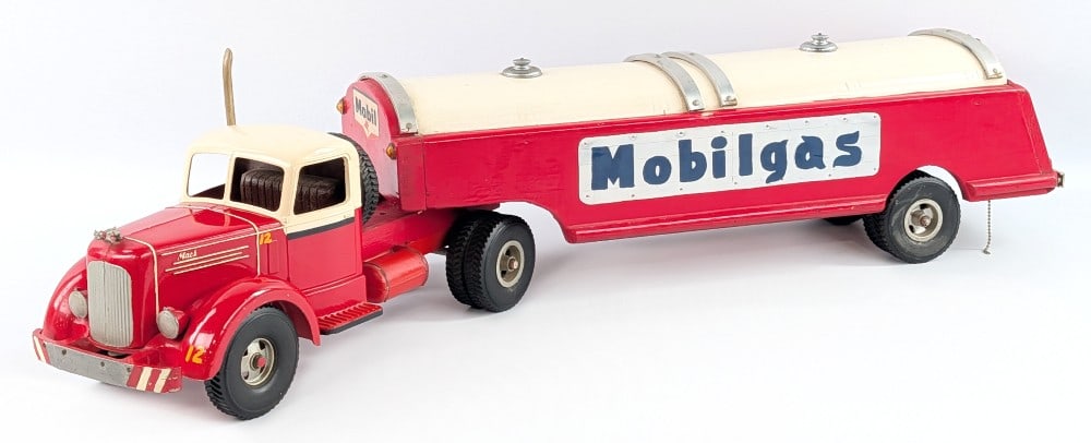 Custom Smith Miller L Mack Mobilgas Tanker Truck: Custom Smith Miller L Mack Mobilgas truck with tanker trailer. An older unusual custom piece and fairly well done considering age. The trailer is mostly wood with metal parts. The truck is mostly meta