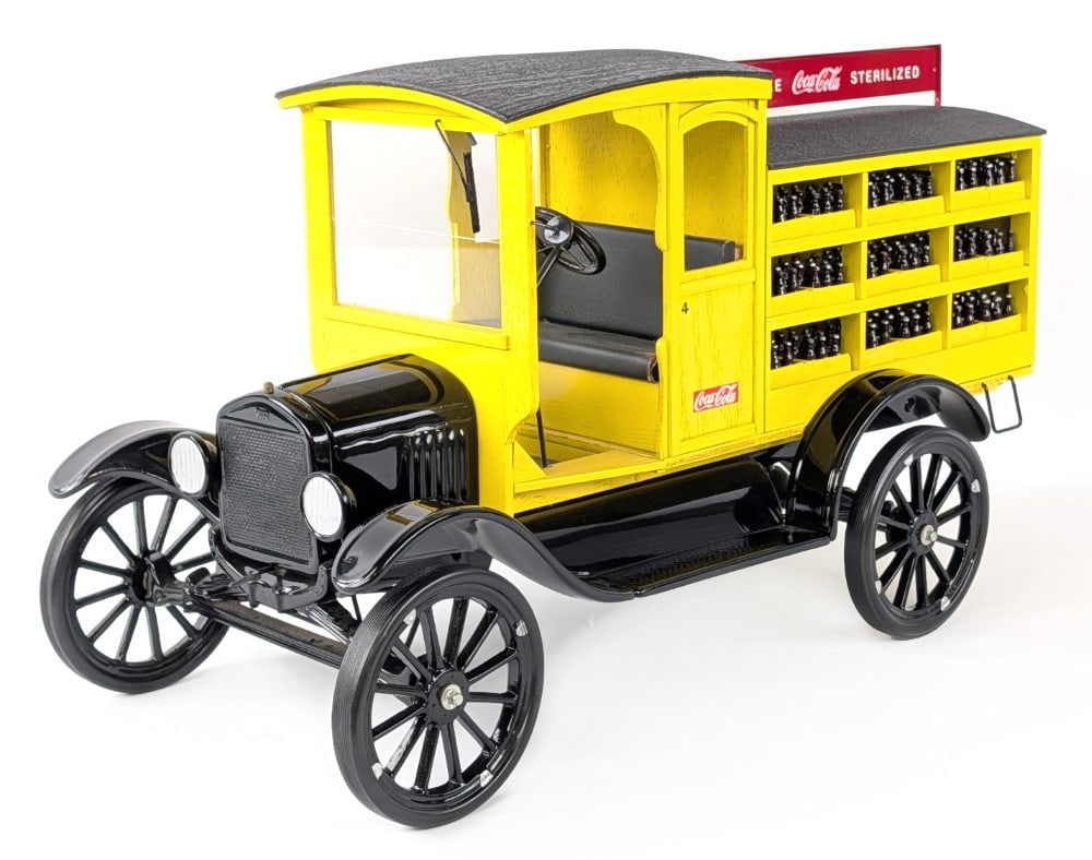 King K Custom Ford Model T Coca-Cola Bottle Delivery Truck: High quality King K custom Ford Model T Coca-Cola delivery truck. Displays well with miniature Coca-Cola bottles in crates, spoked wheels, and great attention to detail. Very good condition. Measures