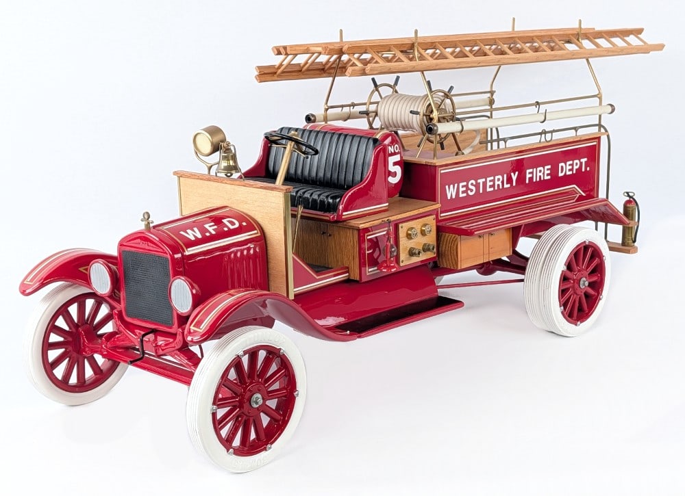 King K Custom Ford Model T Westerly Fire Dept. Ladder Truck: Very nice highly detailed King K Ford Model T Westerly Fire Department fire truck. Displays extremely well with wood ladders, bell, hose reel, Dunlop tires, and great detail. very good condition with