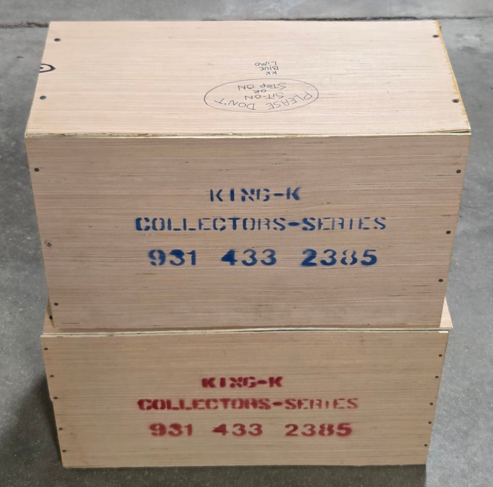 (2) King K Toy Boxes: King K brown limo and blue limo wooden boxes. Made for King K toys. Measures 22" long by 11-1/2" wide by 11-1/2" tall.